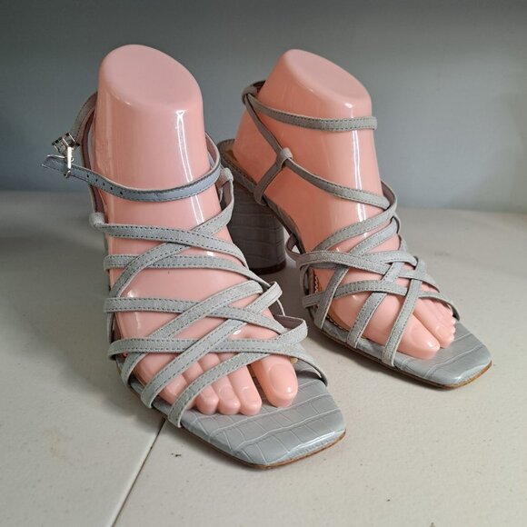 Sam Edelman Daffodil Gray Leather Croc Embossed Strappy Block Heel Sandals 9M - Picture 2 of 10